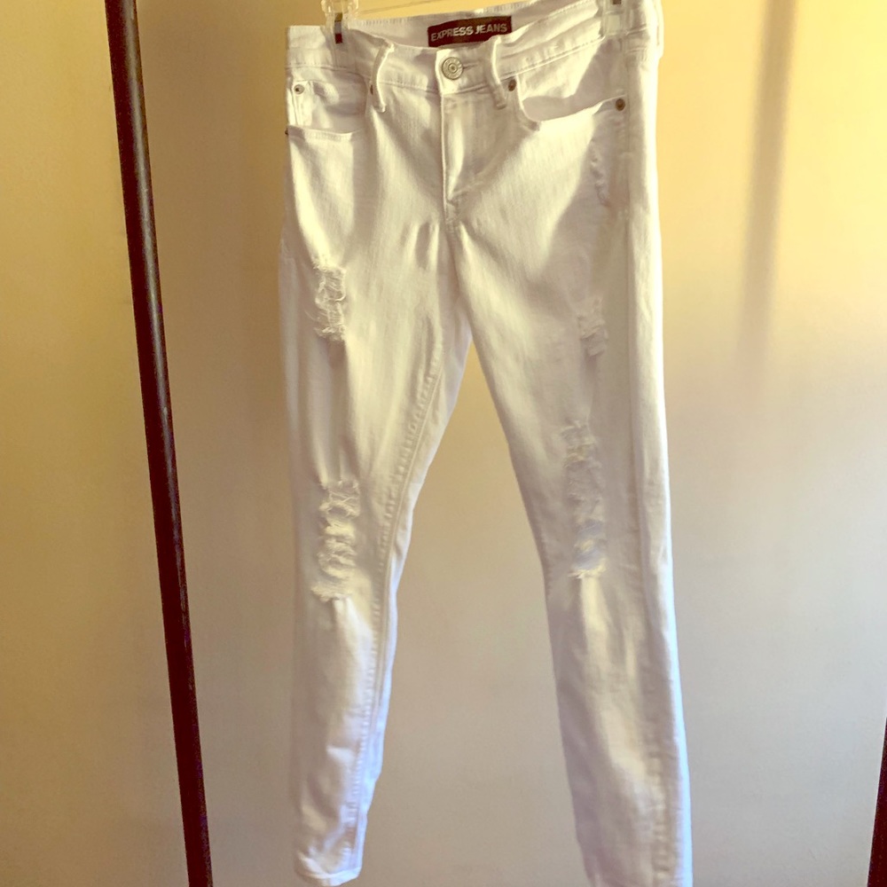 Express White tattered midrise jeans